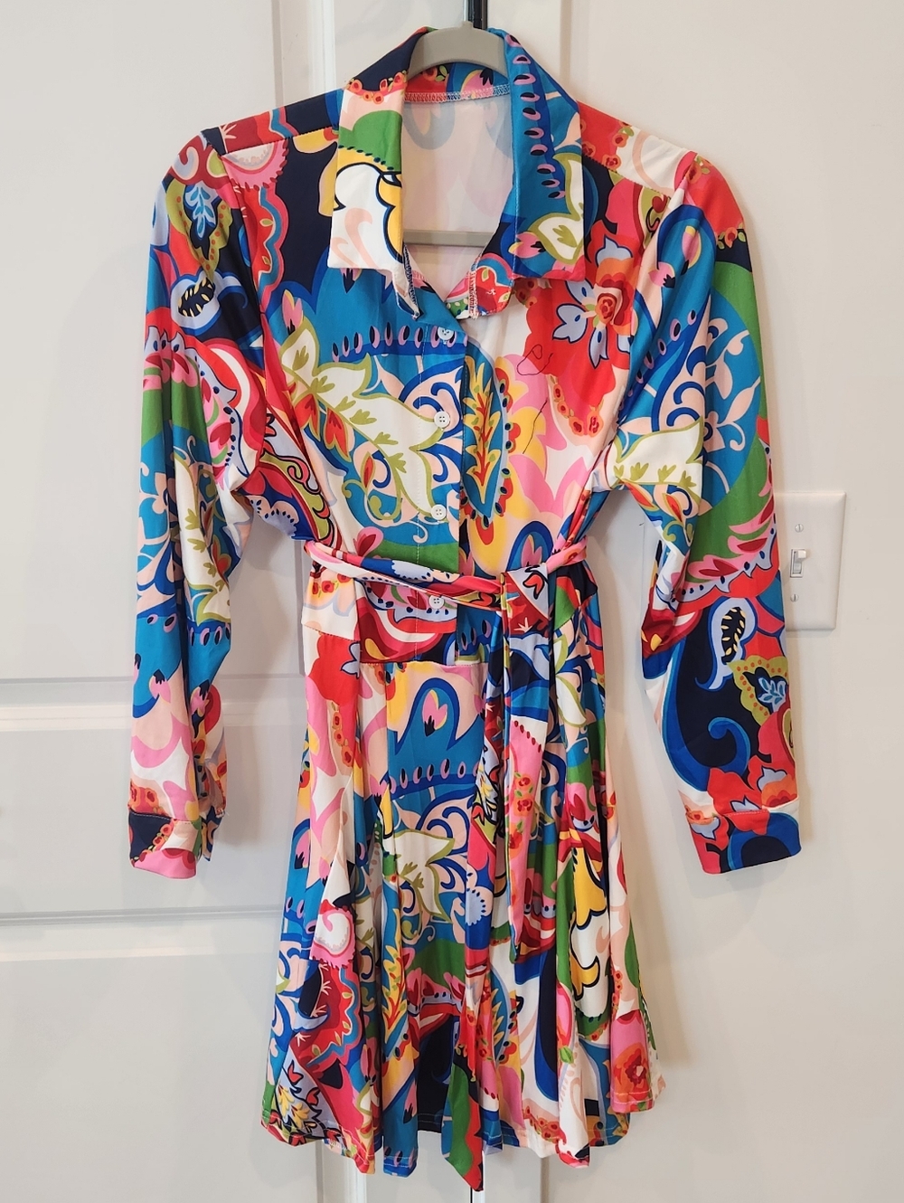Multicolor Paisley Shirtdress with Self Tie Belt